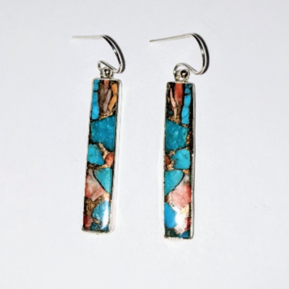 Spiny Oyster Copper Turquoise Gemstone 925 Sterling Silver Dangle Earrings - Picture 1 of 6